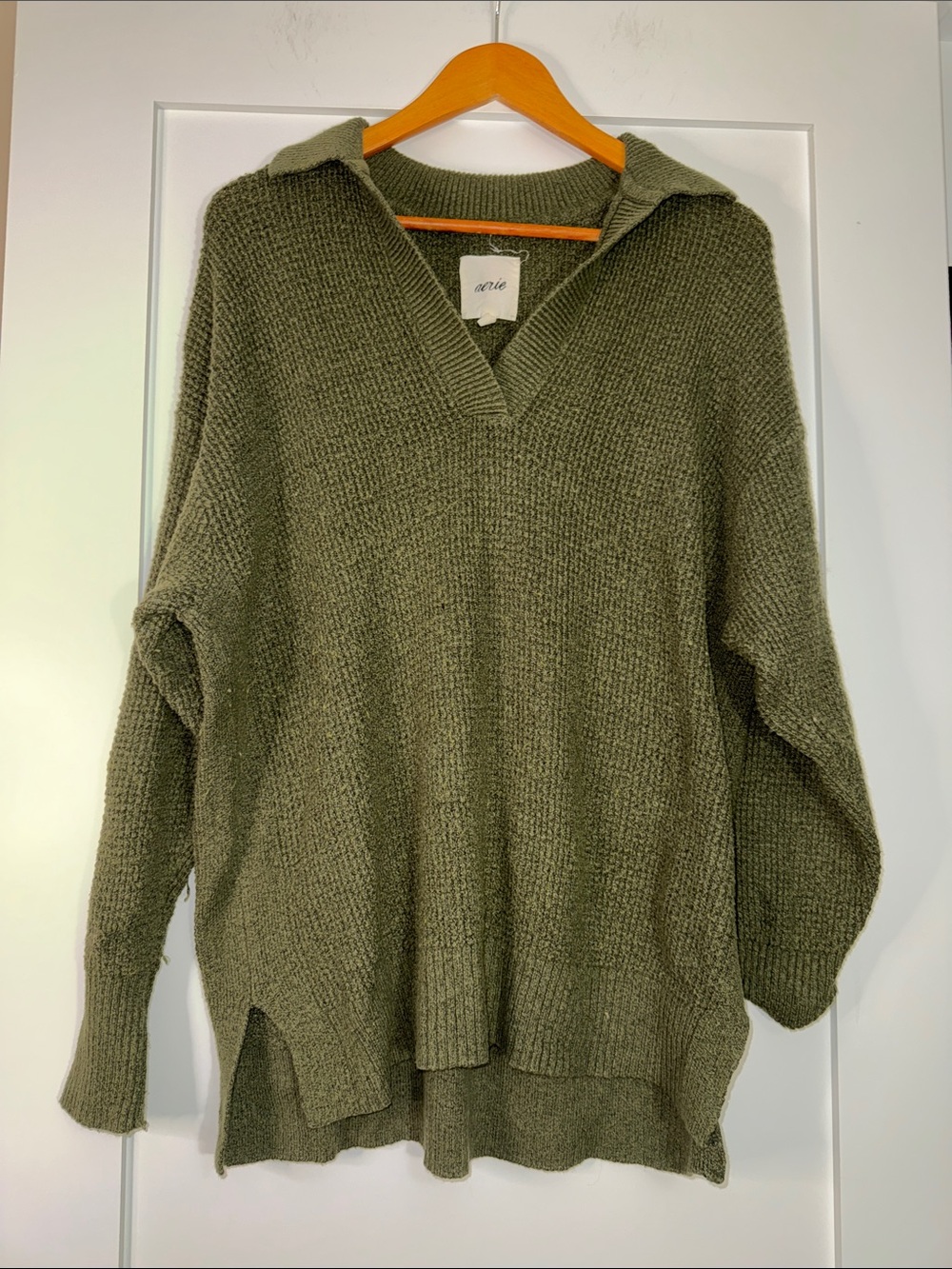 aerie Olive Green V-Neck Collared Knit oversized comfy Sweater Sz XS winter